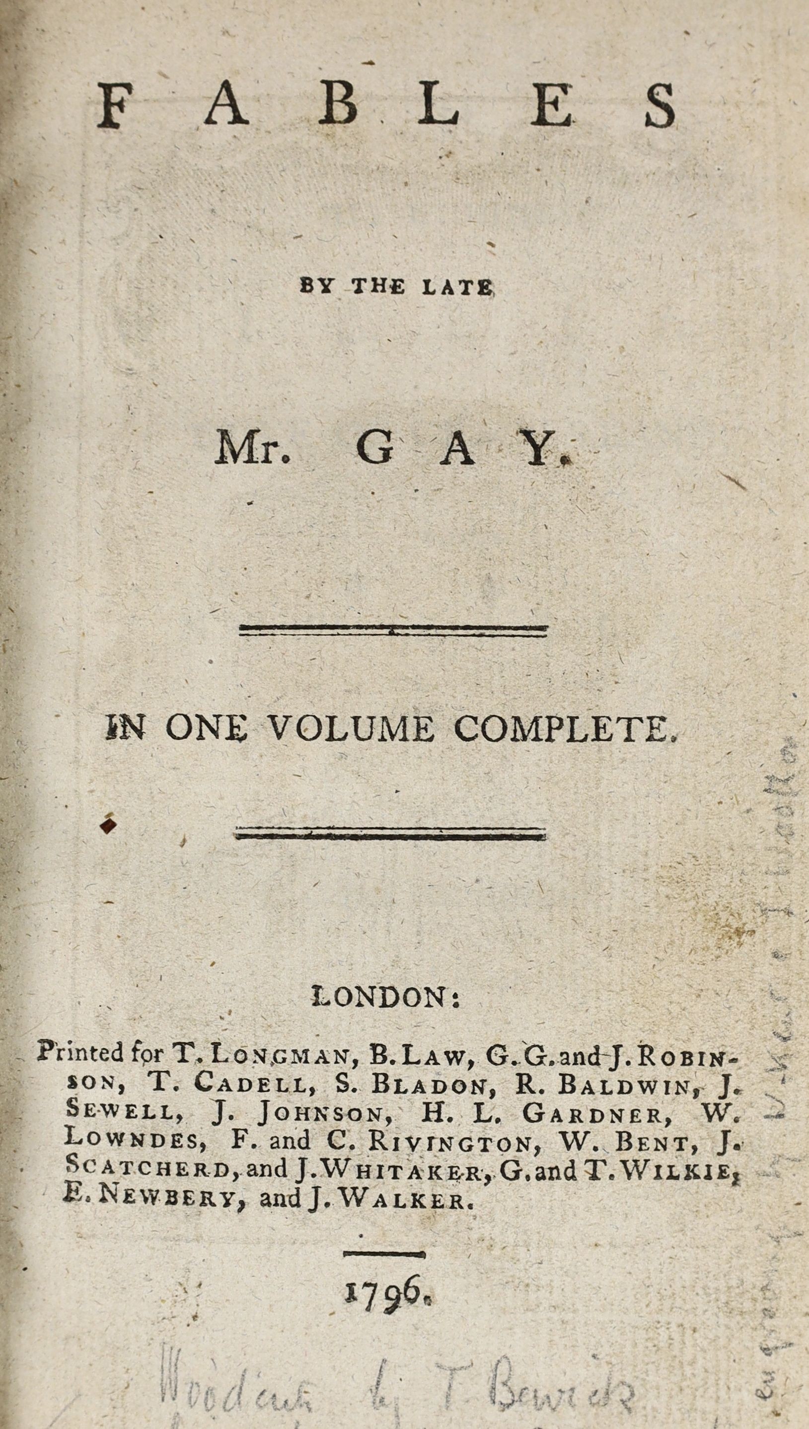 Gay, John - Fables, 2 parts in 1, 12mo, calf, illustrated with woodcuts by Thomas Bewick, T. Longman et al, London, 1796 and a further edition, 12mo, calf, front board detached, C & J. Rivington et al, London, 1823 (2)